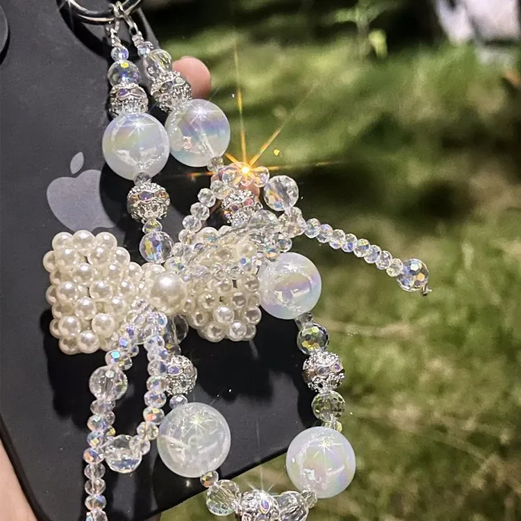 【花曦手工】可爱珍珠幸运蝴蝶结手机挂绳水钻手提链条精致挂件