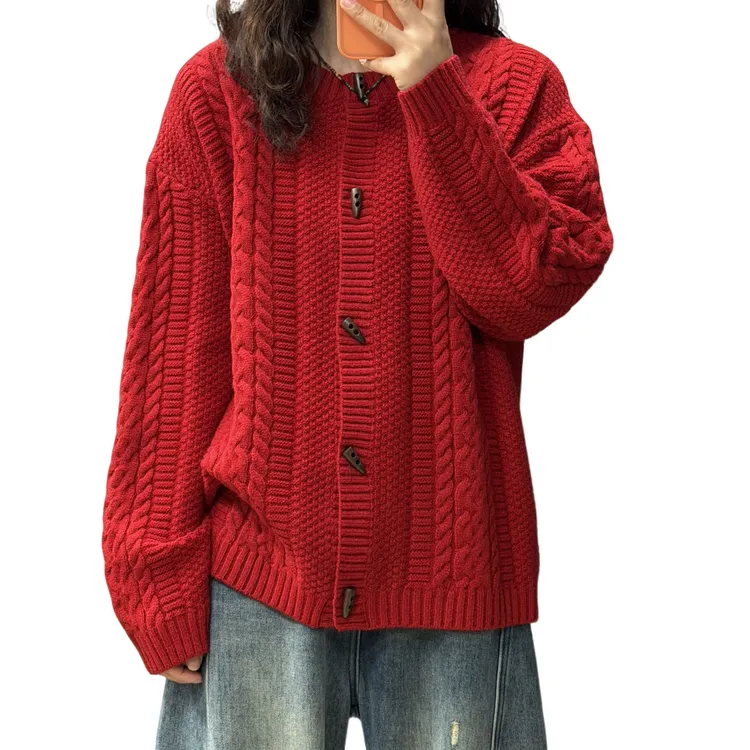 3839冬季毛衣时尚百搭复古宽松慵懒风秋冬纯色圆领休闲设计感显瘦