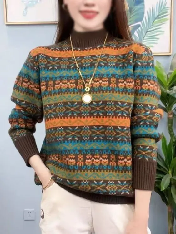 秋冬季新款加厚复古提花半高领上衣时尚针织毛衣内搭洋气套头保暖