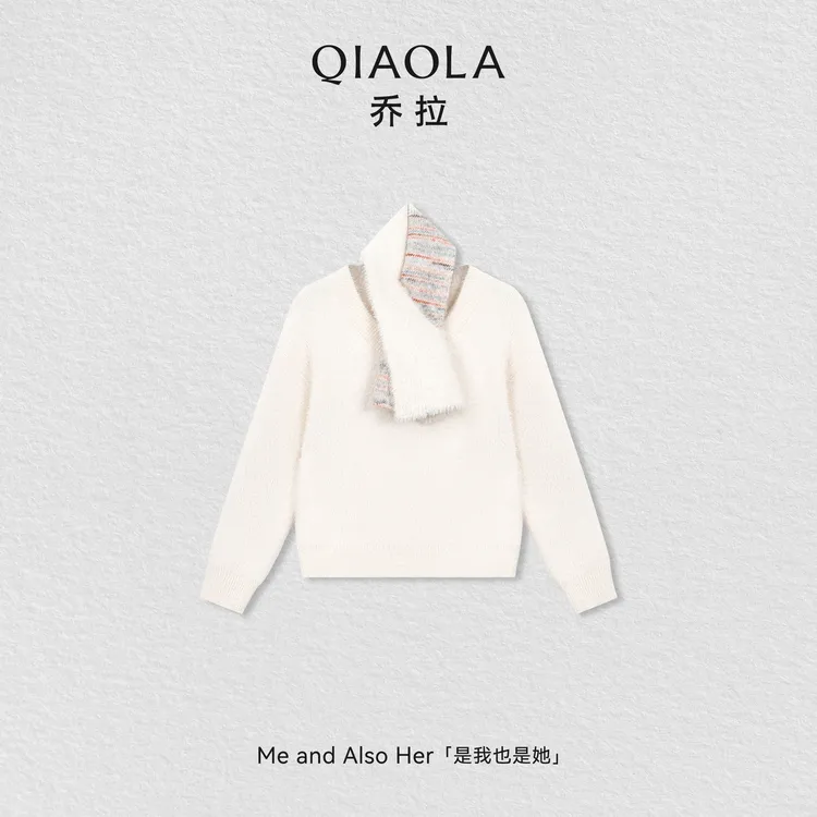 QIAOLA/乔拉【阳光小栈】秋冬季V领仿水貂毛毛衣开衫撞色条纹围巾