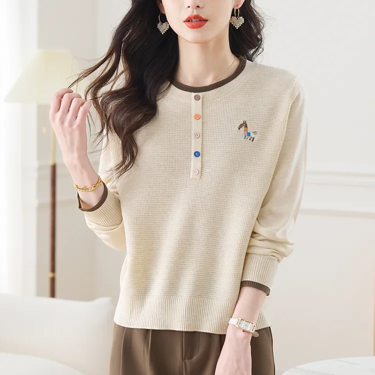 漂亮撞色圆领毛衣薄款纯色气质显瘦内搭上衣百搭好看别致针织衫女