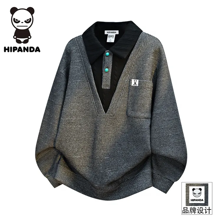 HIPANDA 复古假两件长袖翻领卫衣男款冬季新款宽松休闲拼色上衣潮