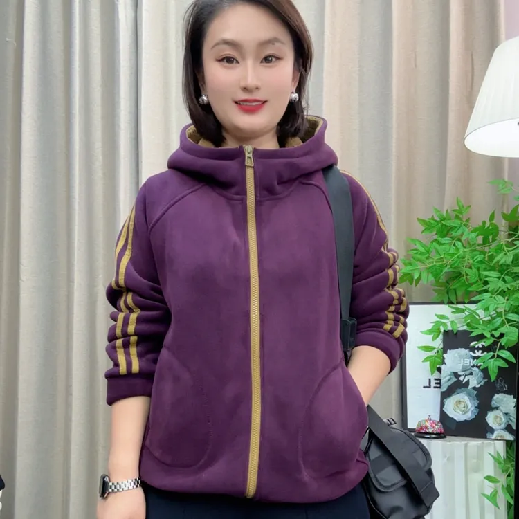 连帽冬季外套加绒加厚休闲套装运动北极绒套装女宽松防风保暖秋冬