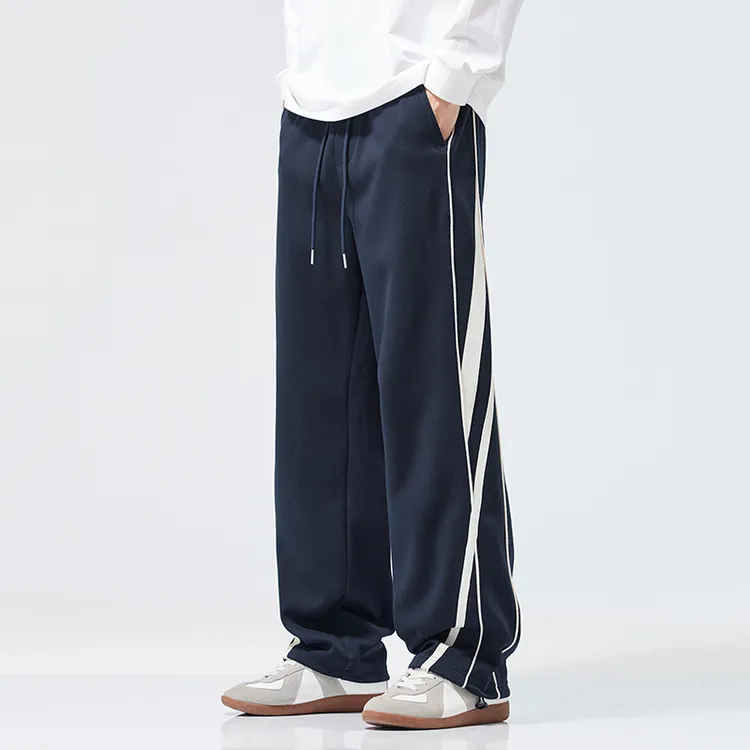 美式高街条纹休闲裤子男宽松运动裤设计感百搭冬季加绒加厚长裤子