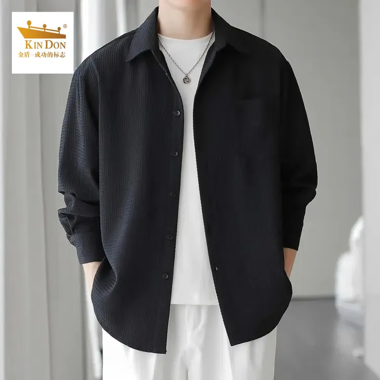 金盾长袖衬衫男士潮牌百搭休闲衬衣外套华夫格工装上衣2025春秋款