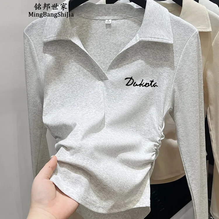 【铭邦世家】秋季欧若风褶皱收腰POLO领长袖短款修身简约百搭外穿女