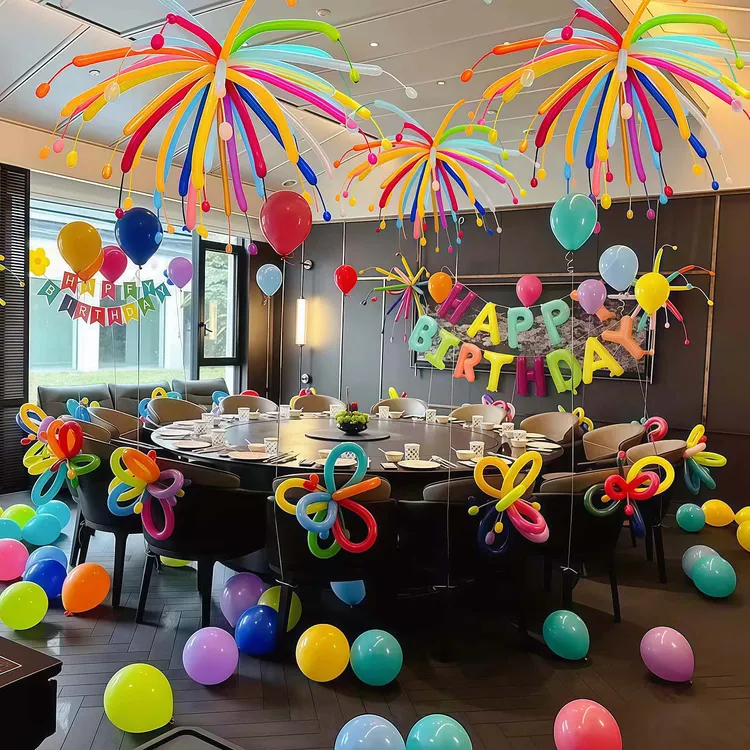 酒店包间生日派对布置场景装饰彩色多巴胺烟花长条气球加厚男女孩