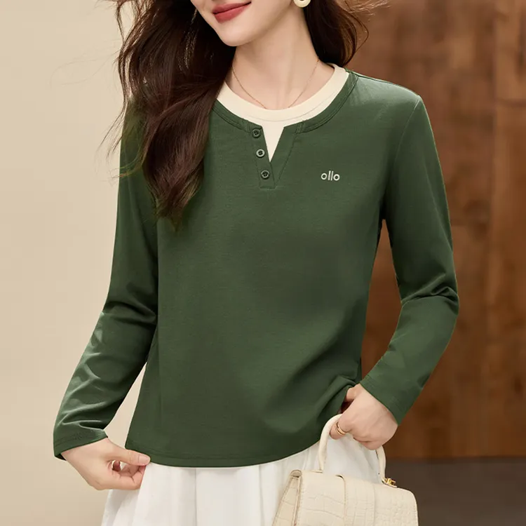 90支纱线新疆棉洋气长袖t恤圆领打底衫正肩宽松休闲上衣百搭女装