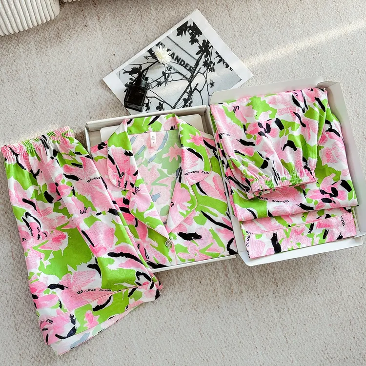 达芬奇密码【双生芙蕖】2025新款短袖三件套印花套装女士睡衣家居服