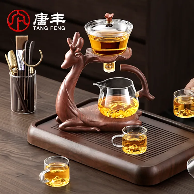 唐丰玻璃福禄连连鹿自动茶具家用办公磁吸茶水分离壶懒人泡茶神器