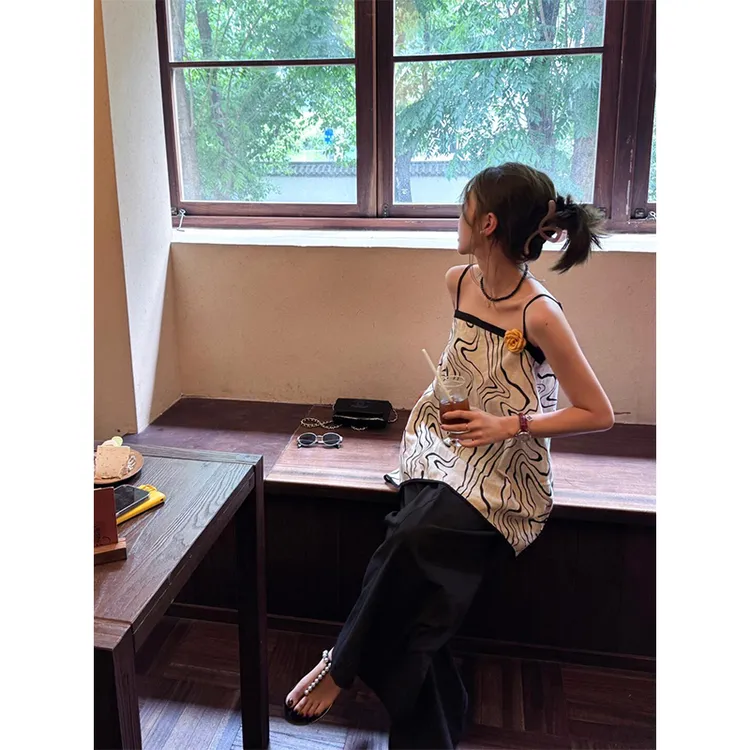 度假风无袖背心显瘦打底衫吊带黑色阔腿西装裤垂感休闲超长拖地裤