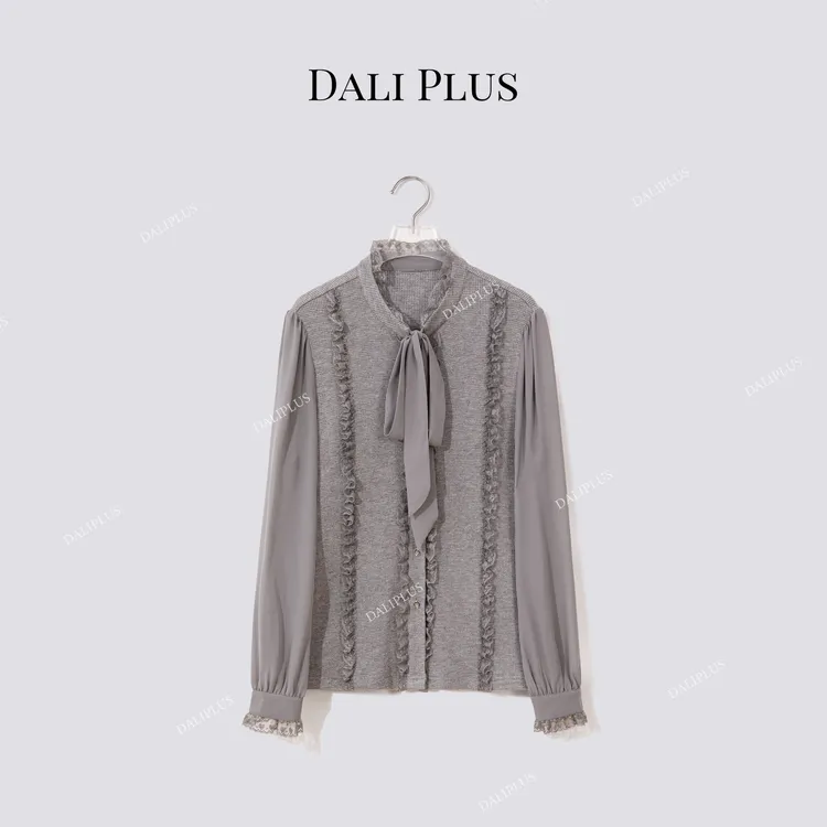 DALI PLUS“蕾丝花边针织拼接衬衫”立领飘带衬衫-D5MM3155