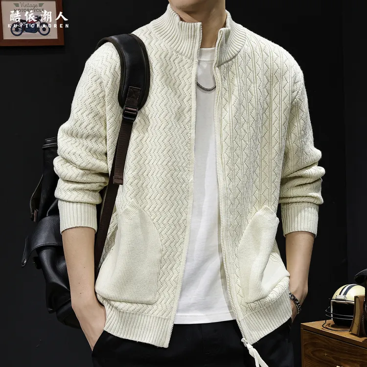 2025新款立领麻花肌理感加厚针织保暖高级感开衫毛衣男士外套大码