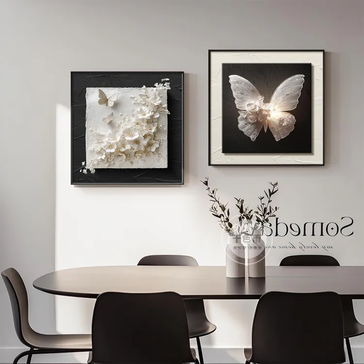 现代简约餐厅装饰画轻奢高级感餐桌挂画法式黑白蝴蝶卧室床头壁画