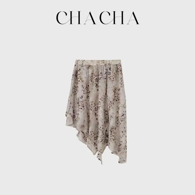 CHACHA【云汐】休闲时尚百搭不规则豹纹纱裙