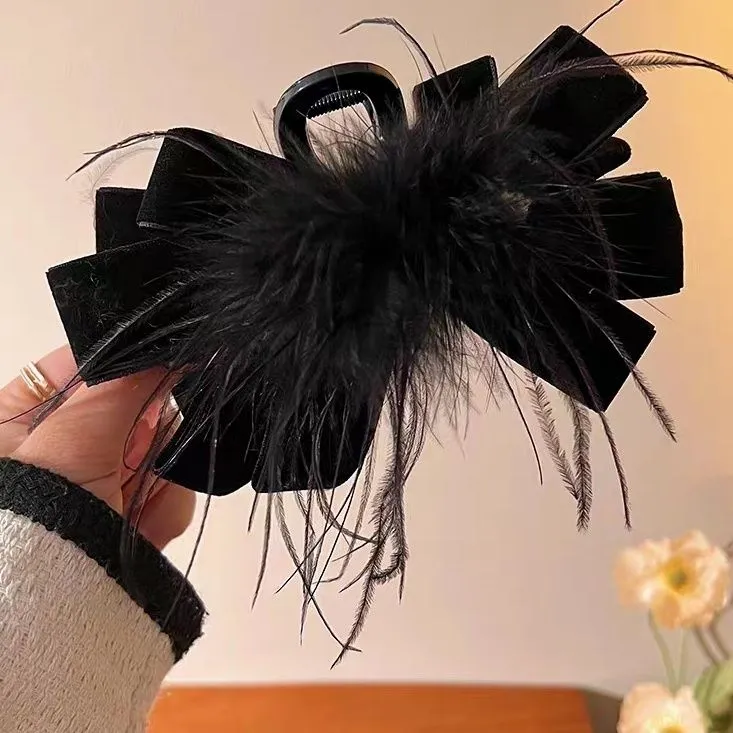 时尚丝绒蝴蝶结羽毛发夹女优雅超仙显发量盘发抓夹高级感鲨鱼夹子