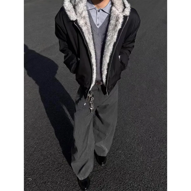 美式狼王仿貂毛连帽棉服男款冬季加绒座山雕棉衣大毛领情侣厚外套