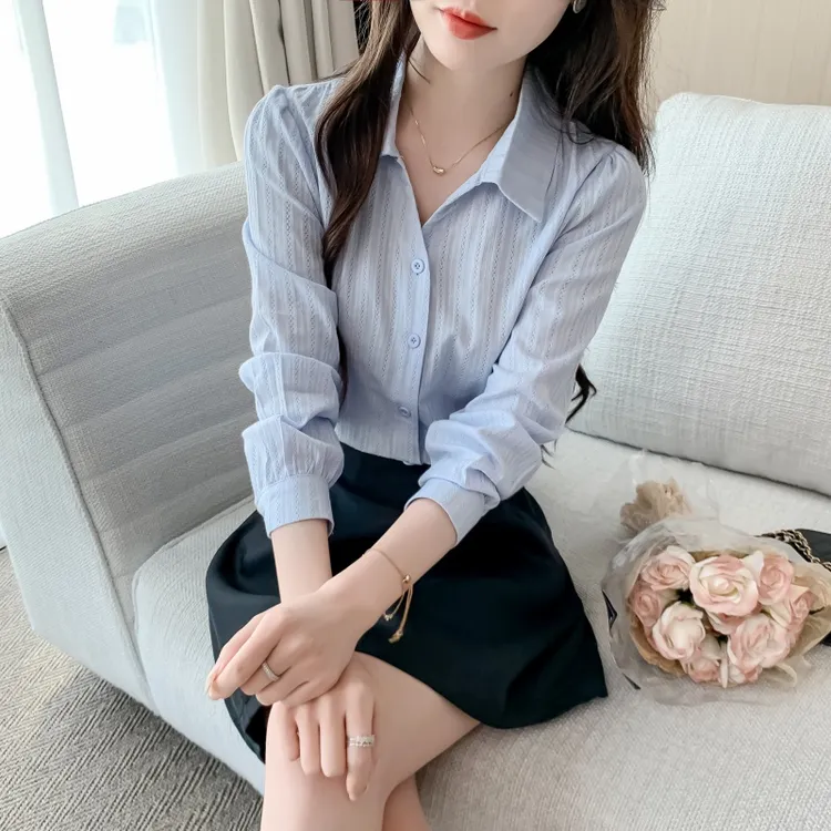 全棉衬衫女长袖春秋季2025年新款女装气质纯棉职业POLO领上衣百搭