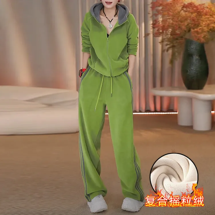 2025冬季加绒加厚休闲套装女时尚连帽外套阔腿裤保暖显瘦两件套装