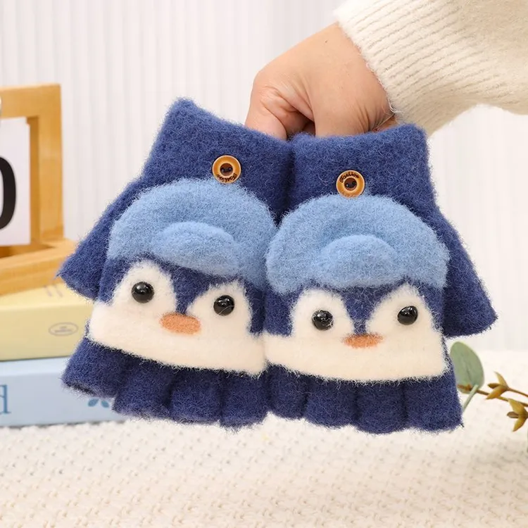 儿童手套冬季保暖学生加绒加厚翻盖手套半指露手指企鹅针织毛线TJ