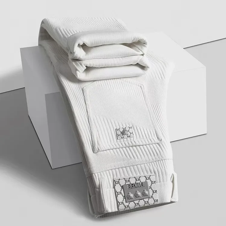 冬季轻奢提花弹力欧棉绒白色男时尚士商务休闲裤百搭修身直筒裤