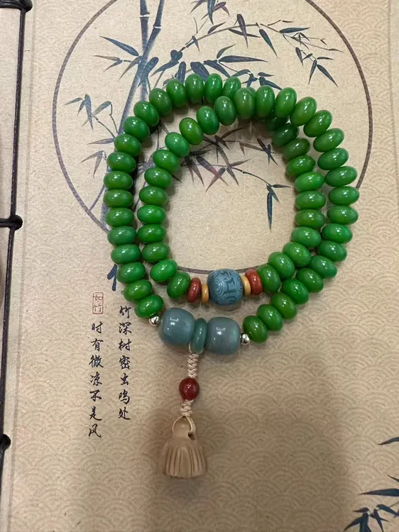 【青禾】精挑绿菩提双圈手串 手工精修孔道复古莲花坠 国风盘玩流苏