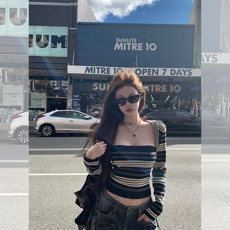 复古条纹针织抹胸背心女性感辣妹坎肩长袖开衫巨好看的早秋一整套