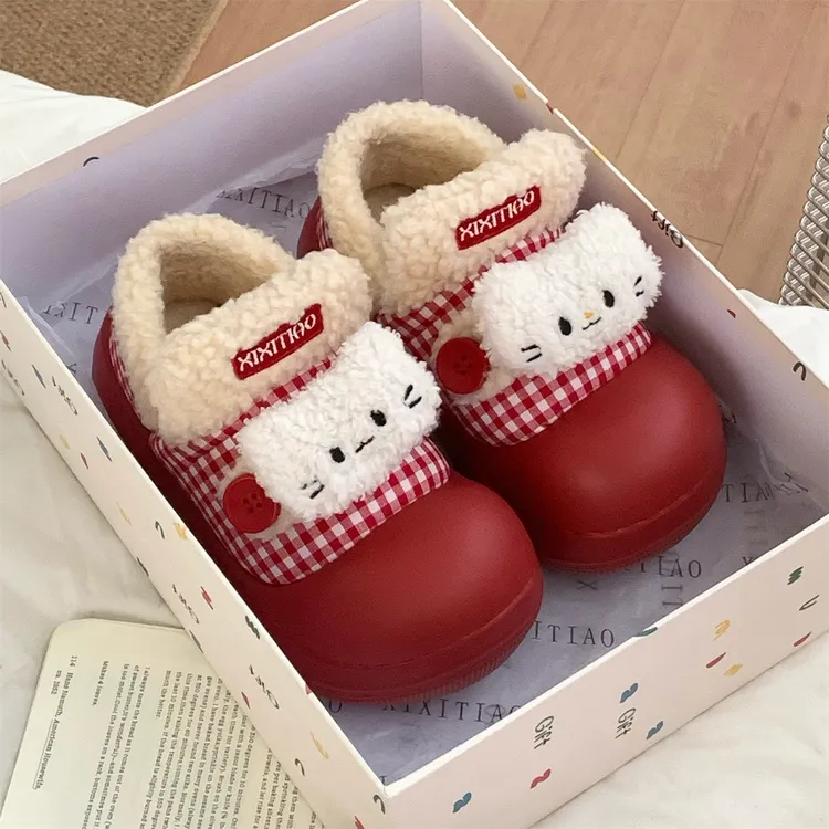 细细条 冬季新款外穿加绒保暖舒适棉鞋可爱小猫女士户外豆豆鞋ins