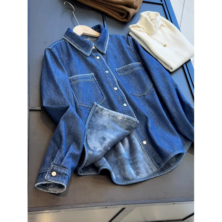 96棉！复古蓝加绒柔软牛仔衬衫女双层面料宽松风长袖上衣内搭外穿