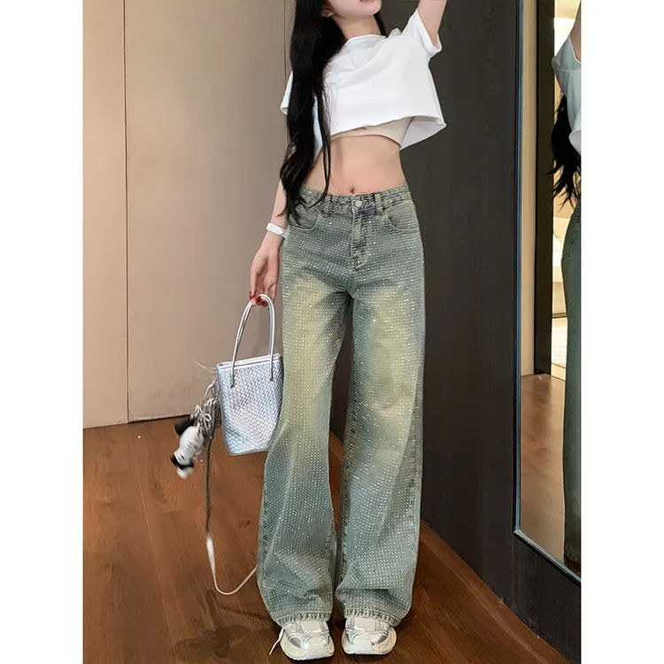 怀旧满天星水钻阔腿牛仔裤女2025早秋新款高腰宽松显瘦复古拖地裤