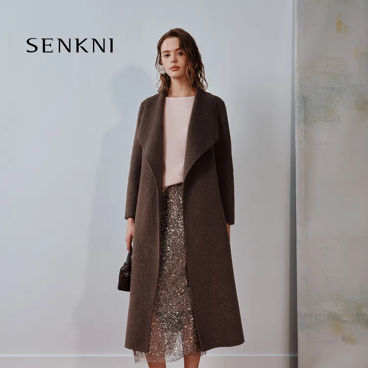 【谭晶同款】圣可尼 2025秋冬羊绒高定珠边领口大衣外套S104305OG