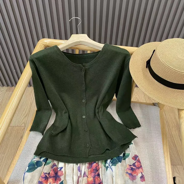 圆领中袖针织开衫纯色宽松文艺百搭气质薄款外搭上衣女Z20259