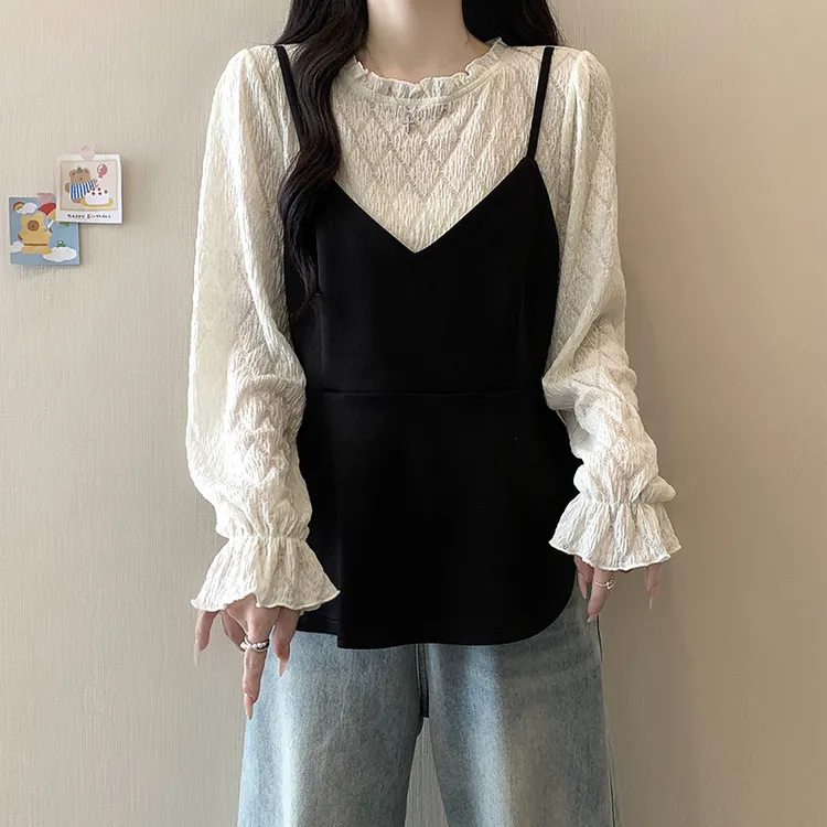2025秋装新款时尚休闲胖mm大码女法式蕾丝拼接假两件长袖小衫上衣