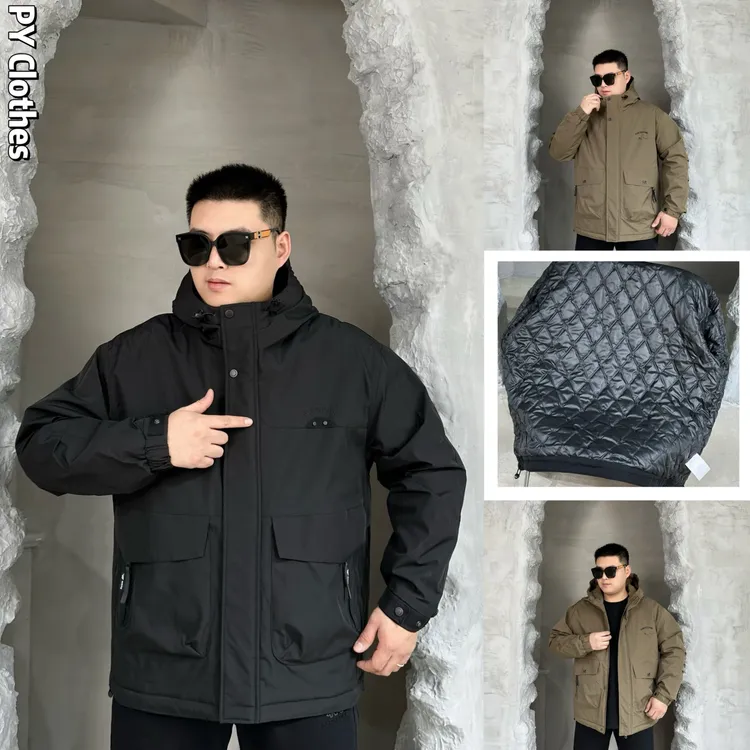 胖语大码男装 2025冬季新款百搭拼接工装风休闲连帽棉服W9801#H  