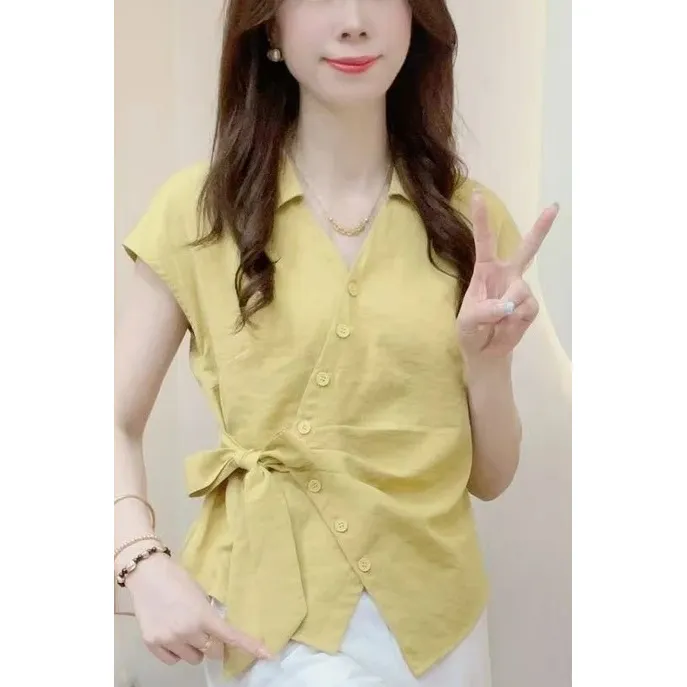 2025气质绑带夏季新款系带收腰衬衫设计显瘦短袖减龄短袖上衣百搭