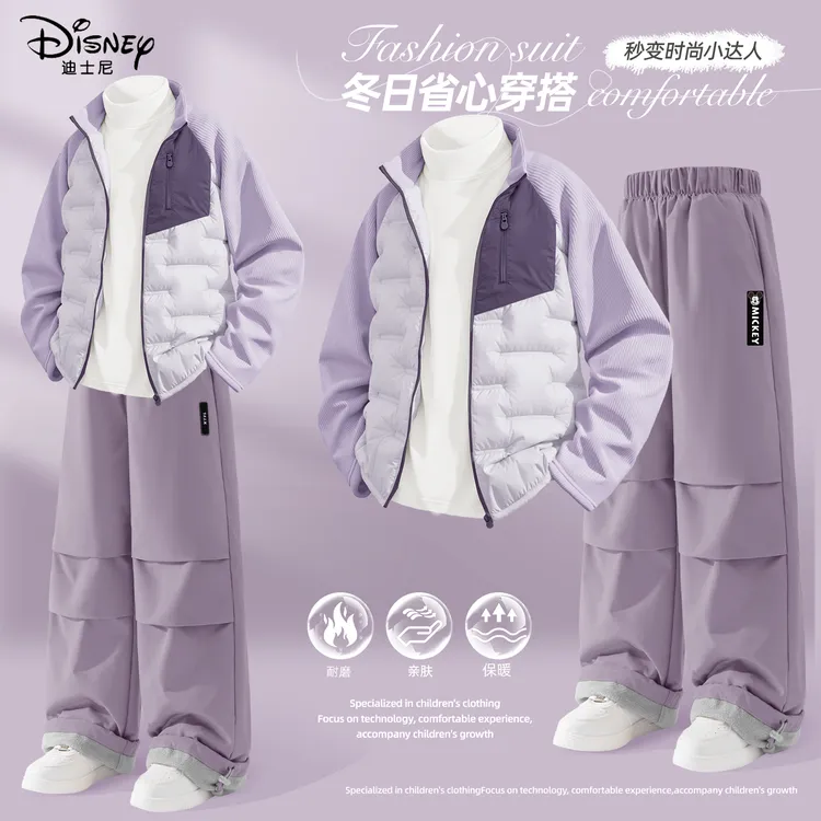 迪士尼女童加绒套装2025新款小女孩童装洋气漂亮棉服儿童冬装女厚