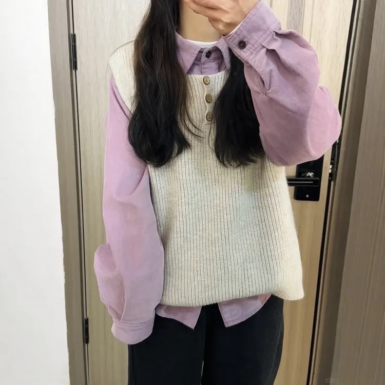 日系松弛感简约紫色长袖衬衫叠穿针织坎肩马甲两件套ins秋季新款
