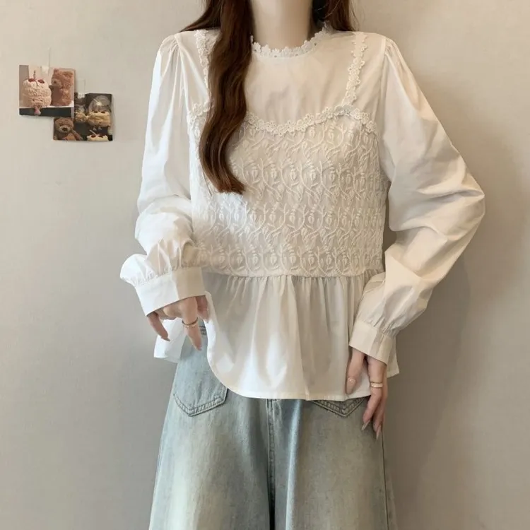 法式蕾丝花边拼接白色衬衫女春季大码胖mm显瘦遮肉收腰设计感上衣