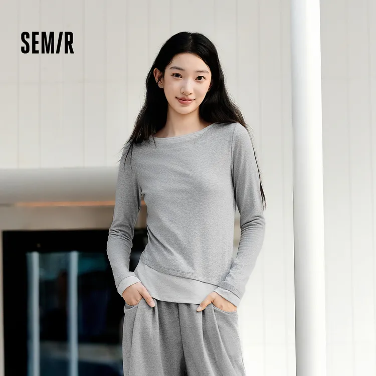 森马长袖T恤女不对称假两件时尚秋季新款小心机修身拼色衣服百搭