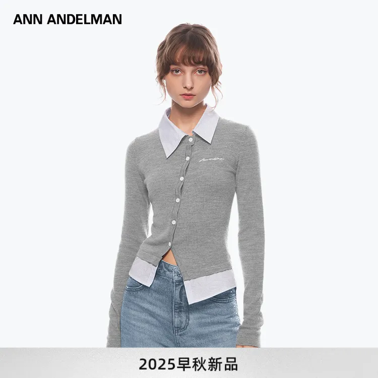 【痞幼同款】ANN ANDELMAN 新款撞色拼接假两件长袖针织开衫上衣女