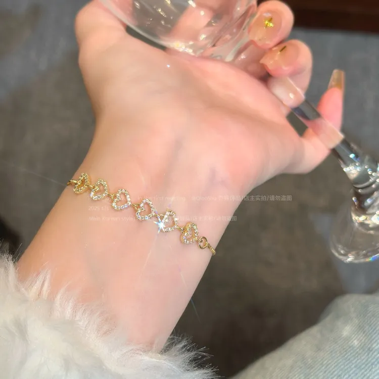 铜合金合成锆石手链 B124超闪满钻爱心抽拉式手链女气质甜美轻奢