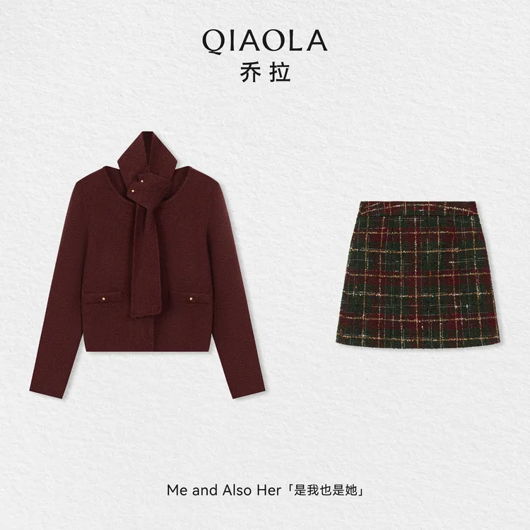 QIAOLA/乔拉【圣诞祝福】秋冬羊毛复古毛衣围巾格纹半裙时尚套装