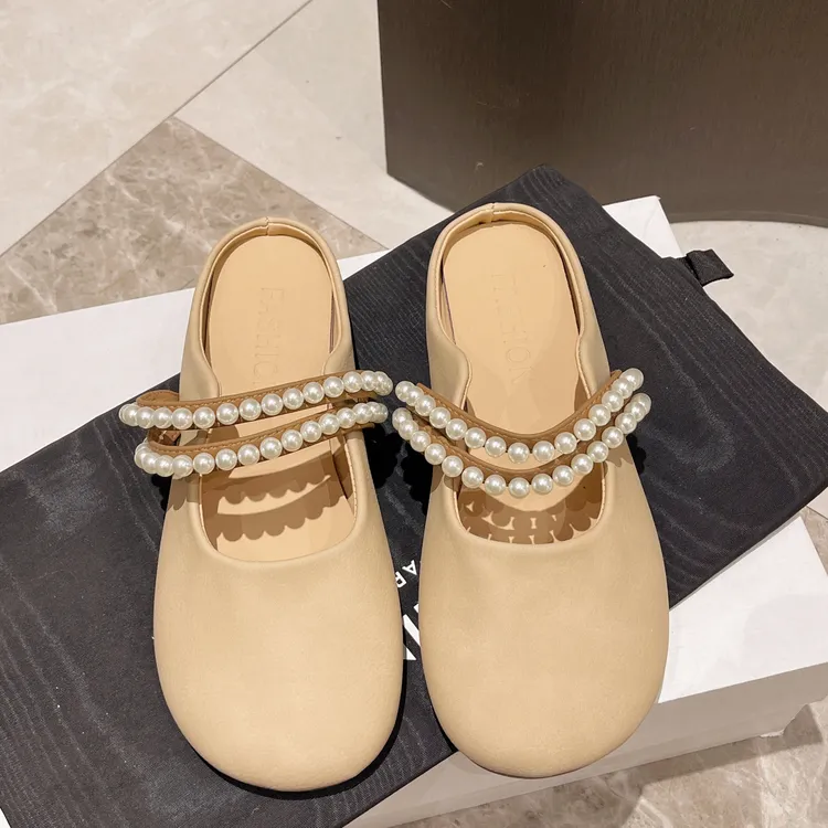 百搭网红珍珠包头半拖鞋女春款外穿2025年新款平底软底仙女风温柔