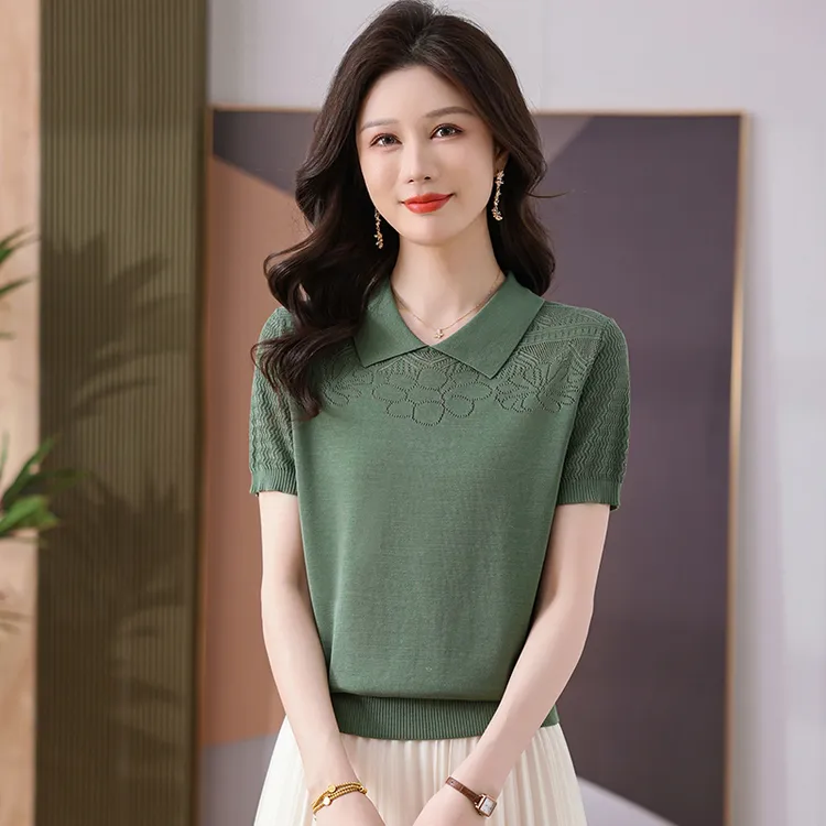 哥弟阿玛施正夏季新款桑蚕丝短袖t恤女宽松洋气翻领针织薄款上衣