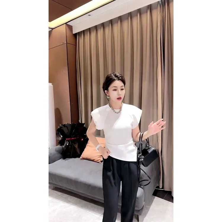 花苞袖不规则修身纯色短袖T恤夏季潮流百搭气质上衣