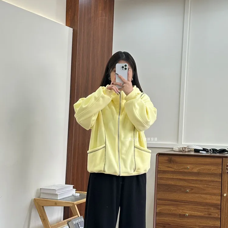 【一颗小叶】冬季微胖新款明线加绒卫衣开衫拉链带帽外套宽松大版型