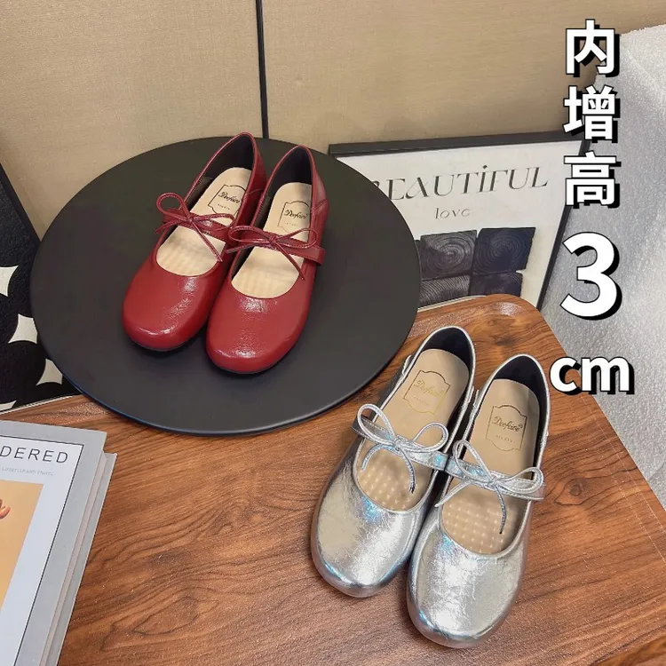 浅口圆头时尚内增3CM蝴蝶结单鞋低跟夏季平底皮鞋复古方头法式