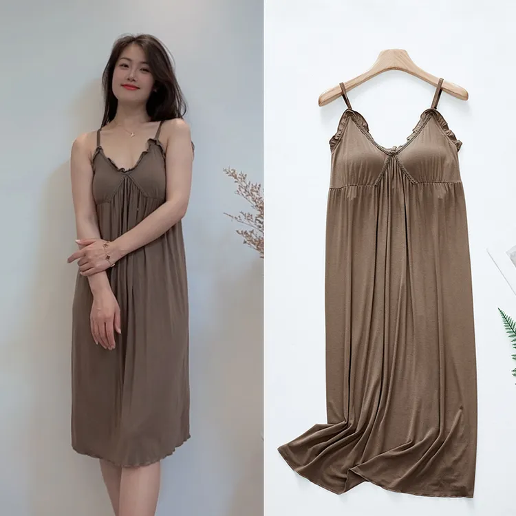 带胸垫公主风睡裙女夏季吊带美背长款蕾丝甜美宽松家居服睡衣长裙