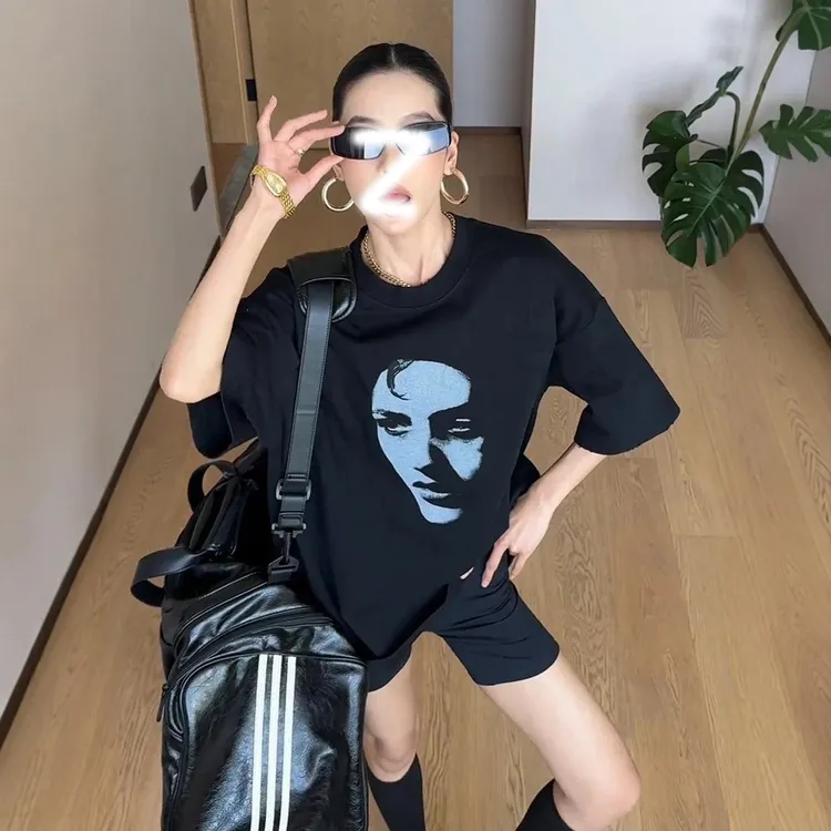 印花夏季重磅纯棉短袖T恤潮流休闲圆领老钱风松弛感女装宽松上衣