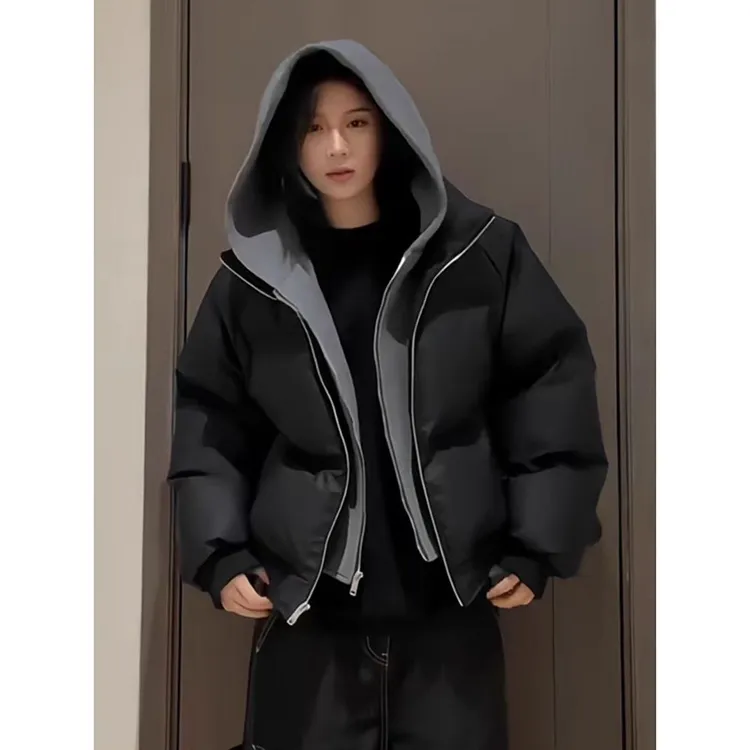 美式重磅假两件棉服外套男冬cleanfit拼接加厚棉衣高街痞帅面包服